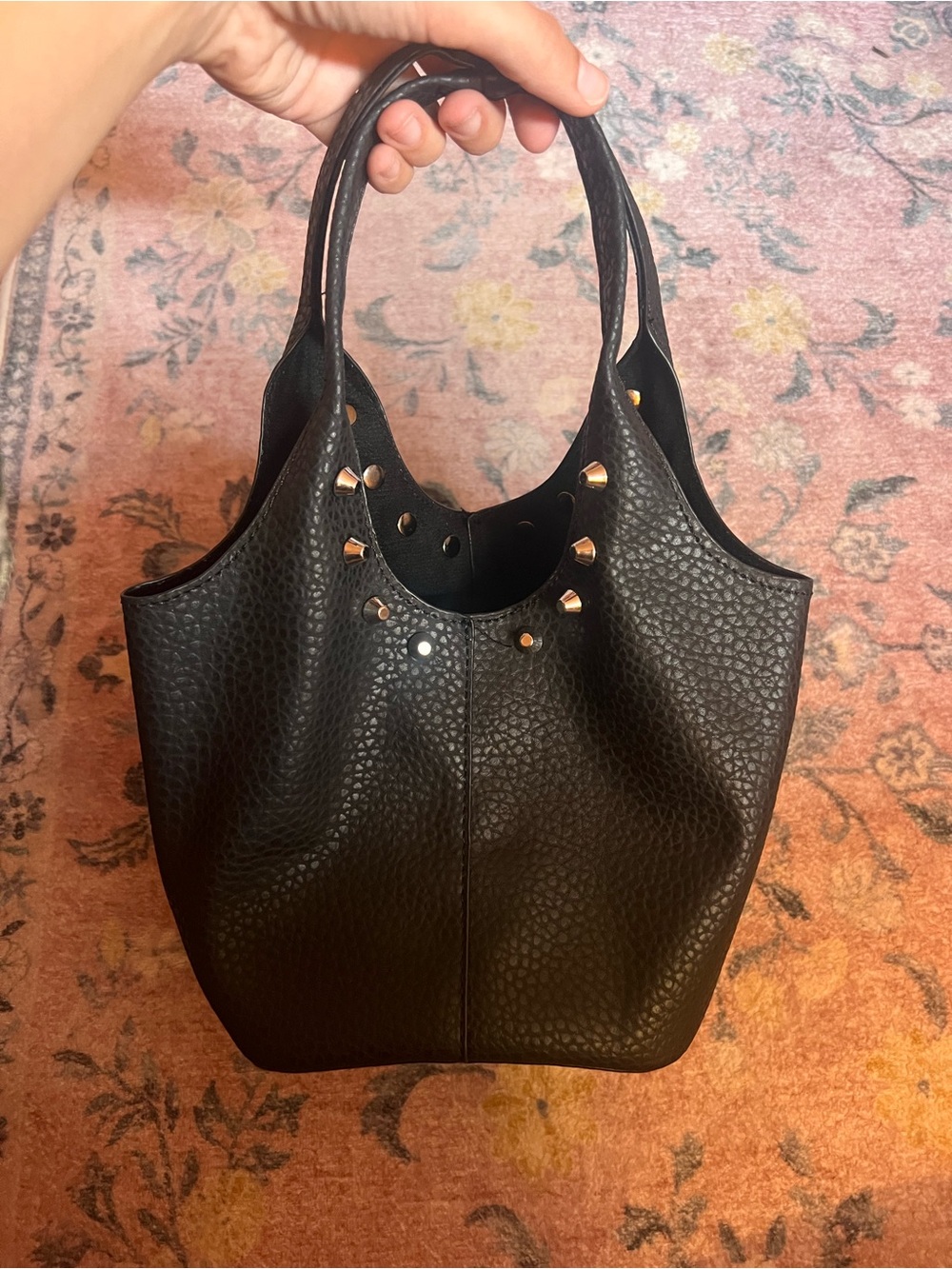 Black Leather Tote with Stud Accents